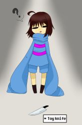 Rule 34 | ?, absurdres, ahoge, androgynous, blush, boots, brown footwear, brown hair, closed eyes, english text, frisk (undertale), full body, gender request, gradient background, grey background, highres, knife, light, long sleeves, open mouth, shirt, short hair, shorts, solo, striped clothes, striped shirt, striped sweater, sweater, teeth, undertale