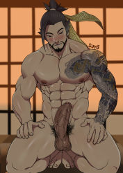 Rule 34 | 1boy, abs, absurdres, bara, barefoot, beard, black hair, blush, cum, erection, facial hair, foreskin, hairy testicles, hanzo (overwatch), highres, kneeling, male focus, muscular, nipples, nude, overwatch, overwatch 1, pectorals, penis, pubic hair, solo, suyohara, tattoo, testicles, toes