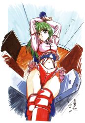 Rule 34 | 1990s (style), 1girl, arms up, bound, bound arms, can can bunny, feet out of frame, frills, green hair, highres, long hair, long sleeves, marker (medium), official art, ootsuki mai, over-kneehighs, parted lips, red thighhighs, retro artstyle, scan, solo, thighhighs, traditional media