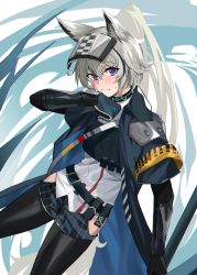 Rule 34 | 1girl, animal ears, arknights, armband, belt, belt pouch, black choker, black coat, black gloves, black pants, blush, breasts, choker, closed mouth, coat, cowboy shot, female focus, gloves, grani (arknights), hair between eyes, hand up, hip vent, holding, holding weapon, horse ears, infection monitor (arknights), looking at viewer, medium hair, open clothes, open coat, pants, ponytail, pouch, purple eyes, shirt, small breasts, solo, visor cap, weapon, white shirt, xiujia yihuizi