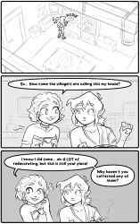 Rule 34 | 1boy, 1girl, 3koma, archaic set (zelda), closed mouth, comic, commentary, cooking, english commentary, english text, greyscale, highres, indoors, link, looking at another, monochrome, nintendo, pointy ears, princess zelda, raysdrawlings, short hair, smile, speech bubble, the legend of zelda, the legend of zelda: tears of the kingdom