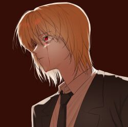 Rule 34 | 1other, androgynous, black necktie, black suit, blonde hair, blood, bloody tears, brown background, formal, hair between eyes, hunter x hunter, kurapika, looking to the side, mesa10sim 08, necktie, red eyes, shirt, short hair, simple background, solo, suit, upper body, white shirt