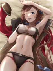 Rule 34 | 1girl, arm up, armpits, beach, bikini, black bikini, blue eyes, braid, braided ponytail, breasts, brown hair, coat, commentary, from above, granblue fantasy, hair ornament, hand on own chest, leona (granblue fantasy), long hair, looking at viewer, lying, medium breasts, mismatched bikini, multi-strapped bikini, navel, on back, one eye closed, open mouth, red coat, rei (happily-blue-butterfly), short hair, single braid, smile, solo, swimsuit, very long hair, white bikini