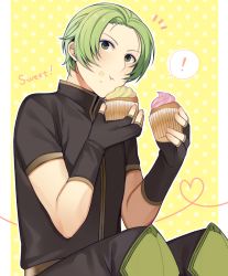 Rule 34 | !, 1boy, armor, armored boots, boots, cupcake, eating, fingerless gloves, fire emblem, fire emblem echoes: shadows of valentia, food, forsyth (fire emblem), gloves, green eyes, green hair, heart, male focus, nintendo, sitting, solo, upper body