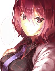 Rule 34 | 1girl, black shirt, blank speech bubble, breasts, coat, commentary request, hair between eyes, hand on own chest, highres, horikawa raiko, large breasts, looking at viewer, nail polish, necktie, purple necktie, red eyes, red hair, red nails, shirt, shometsu-kei no teruru, short hair, simple background, smile, solo, speech bubble, touhou, upper body, white background, white coat, wing collar