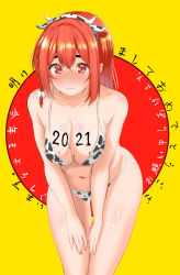 Rule 34 | 1girl, 2021, animal ears, animal print, bare shoulders, bikini, blush, braid, breasts, breasts squeezed together, chinese zodiac, cleavage, closed mouth, collarbone, cow ears, cow horns, cow print, eyebrows hidden by hair, fake animal ears, fake horns, hands on own thighs, highres, horns, ink, kanojo okarishimasu, large breasts, leaning forward, looking at viewer, medium hair, parted bangs, red eyes, red hair, ribbon, sakurasawa sumi, shelgon20, shiny skin, sidelocks, single braid, solo, swimsuit, thighs, white bikini, white ribbon, wide hips, year of the ox, yellow background