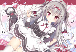 Rule 34 | &gt; &lt;, 1girl, :o, apron, bat wings, black dress, blush, bottle, bow, clipboard, commentary request, dress, dutch angle, eyepatch, frilled dress, frills, grey hair, hands up, holding, intravenous drip, juliet sleeves, long hair, long sleeves, looking at viewer, maid headdress, medical eyepatch, mini wings, neck ribbon, original, parted lips, picpicgram, pill, puffy sleeves, red bow, red eyes, red ribbon, red wings, ribbon, solo, striped clothes, striped dress, thermometer, thighhighs, two side up, vertical-striped clothes, vertical-striped dress, very long hair, white apron, white thighhighs, wings