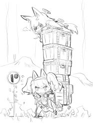 Rule 34 | 2girls, @ @, absurdres, angelina (arknights), animal ears, arknights, box, carrying, ceobe (arknights), chibi, death stranding, dog ears, dog girl, dog tail, full body, greyscale, highres, hitobashira (1746164306), long hair, monochrome, multiple girls, mushroom, parody, patreon logo, sign, sketch, standing, tail, v-shaped eyebrows