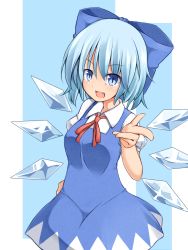 Rule 34 | 1girl, blue dress, blue eyes, blue hair, bow, breasts, cirno, dress, fang, garasuita, hair bow, ice, ice wings, looking at viewer, matching hair/eyes, open mouth, shirt, short hair, smile, solo, touhou, wings