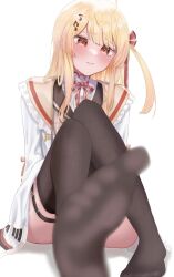 Rule 34 | 1girl, ahoge, black thighhighs, blonde hair, blunt bangs, blurry, blurry foreground, blush, brown dress, brown sailor collar, closed mouth, collared dress, collared jacket, commentary, depth of field, dress, feet, fine fabric emphasis, foreshortening, fortissimo, frilled sailor collar, frills, frown, hair ornament, hair ribbon, highres, hololive, hololive dev is, jacket, knees together feet apart, knees up, legs, long hair, long sleeves, looking down, musical note, musical note hair ornament, neck ribbon, no shoes, one side up, open clothes, open jacket, otonose kanade, parted bangs, piano keys, piano print, plaid, plaid dress, red eyes, red ribbon, ribbon, sailor collar, shirt, simple background, sitting, soles, solo, symbol-only commentary, thigh strap, thighhighs, thighs, toes, uzuraa, virtual youtuber, white background, white jacket, white shirt, zettai ryouiki