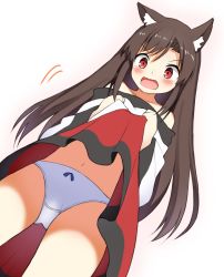 Rule 34 | &gt;:o, 1girl, animal ear fluff, animal ears, bare shoulders, brown hair, clothes lift, commentary request, d:, dairininn, dress, dress lift, from below, highres, imaizumi kagerou, lifting own clothes, long hair, long sleeves, navel, one-hour drawing challenge, open mouth, panties, red eyes, simple background, touhou, underwear, v-shaped eyebrows, wide sleeves, wolf ears