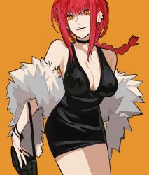 Rule 34 | 1girl, absurdres, black bag, black choker, black dress, black nails, breasts, chainsaw man, choker, cleavage, dress, ear piercing, feather coat, highres, large breasts, looking at viewer, makima (chainsaw man), orange background, piercing, ponytail, red hair, ringed eyes, sailen0, yellow eyes