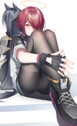 Rule 34 | 2girls, absurdres, animal ears, arknights, ass, back-to-back, black footwear, black gloves, black hair, black pantyhose, black skirt, closed mouth, exusiai (arknights), fingerless gloves, full body, gloves, hair over one eye, halo, highres, jacket, long sleeves, looking at viewer, multiple girls, own hands together, pantyhose, r oot, red eyes, red hair, shirt, short hair, short sleeves, simple background, skirt, smile, texas (arknights), white background, white jacket, wolf ears, wolf girl