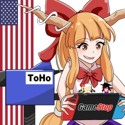 Rule 34 | . ., 1girl, american flag, bow, brown eyes, c:, chibi, commentary, english commentary, flandre scarlet, gamestop, hair bow, hair ribbon, handheld game console, highres, holding, holding handheld game console, horn ornament, horns, ibuki suika, long hair, looking down, nintendo switch, orange hair, red bow, red ribbon, ribbon, shirt, sleeveless, sleeveless shirt, smile, solo, touhou, upper body, usami sumireko, xen0moonz