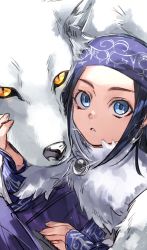 Rule 34 | 1girl, ainu, ainu clothes, asirpa, bandana, black hair, blue bandana, blue eyes, cape, cheek-to-cheek, commentary request, ear piercing, earrings, fur cape, golden kamuy, heads together, highres, hoop earrings, jewelry, long hair, looking at viewer, oziozi kamuy, parted lips, piercing, retar, solo, sparkle, upper body, white cape, white wolf, wolf, yellow eyes