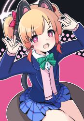 Rule 34 | 1girl, \m/, ahoge-tan, alternate hairstyle, animal ear headphones, animal ears, blonde hair, blue archive, blue jacket, blue skirt, blush, bow, bowtie, cat ear headphones, collared shirt, commentary, cosplay, double \m/, english commentary, fake animal ears, green bow, green bowtie, hands up, headphones, highres, jacket, long sleeves, looking at viewer, love live!, love live! school idol project, momoi (blue archive), nico nico nii, open clothes, open jacket, open mouth, otonokizaka school uniform, pink eyes, pink sweater, plaid, plaid skirt, school uniform, shirt, short hair, sitting, skirt, solo, sweater, tokui sora, twintails, upper body, voice actor connection, white shirt, winter uniform, yazawa nico, yazawa nico (cosplay)