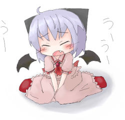Rule 34 | 1girl, blue hair, fang, female focus, full body, lowres, remilia scarlet, solo, tamute (2580rs), touhou, vampire, white background, wings