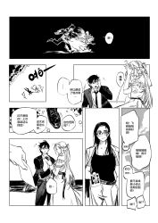 Rule 34 | absurdres, ajiro shinpei, bare shoulders, braid, breasts, chinese commentary, chinese text, cleavage, closed eyes, closed mouth, commentary, dress, formal, glasses, greyscale, guihuafu81230, hand on own face, highres, holding, holding another&#039;s wrist, holding photo, jacket, jacket on shoulders, kofune ushio, long dress, long hair, long sleeves, looking at viewer, lying, minakata hizuru, mole, mole under mouth, monochrome, necktie, on stomach, one eye closed, open clothes, open jacket, open mouth, pants, photo (object), running, shirt, short hair, speech bubble, standing, suit, summertime render, translated, tripping, veil, wedding dress