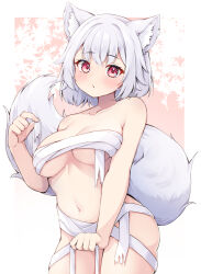Rule 34 | 1girl, animal ear fluff, animal ears, bandages, blush, breasts, closed mouth, commentary request, cowboy shot, inubashiri momiji, large breasts, looking at viewer, medium bangs, navel, red eyes, rururiaru, sarashi, short hair, solo, tail, touhou, underboob, white hair, wolf ears, wolf girl, wolf tail