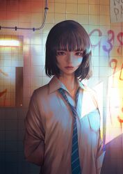 Rule 34 | 1girl, arm behind back, blue necktie, bob cut, breast pocket, brown hair, closed mouth, collared shirt, highres, indoors, looking at viewer, mural, necktie, original, pocket, shirt, smile, solo, upper body, wataboku, white shirt, wing collar