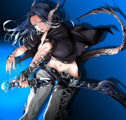 Rule 34 | 1girl, akegata tobari, alternate breast size, au ra, warrior of light (ff14), belt, black hair, black shirt, blue hair, breasts, buttons, cleavage, closed mouth, commission, drawing sword, expressionless, final fantasy, final fantasy xiv, fingernails, floating hair, gradient hair, green eyes, groin, highres, holding, holding sword, holding weapon, horns, huge breasts, katana, leaning forward, lips, long fingernails, long hair, looking at viewer, multicolored eyes, multicolored hair, navel, no bra, open belt, open clothes, open fly, open pants, outstretched arm, pants, partially unbuttoned, purple eyes, purple lips, samurai (final fantasy), scabbard, scales, sheath, shirt, short sleeves, skeb commission, solo, stomach, sword, tail, underboob, unsheathing, weapon