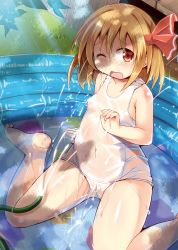 Rule 34 | 1girl, blonde hair, grass, hair ribbon, highres, hose, koizumi hitsuji, one-piece swimsuit, open mouth, pool, pussy, red eyes, ribbon, rumia, school swimsuit, short hair, sitting, solo, swimsuit, touhou, wading pool, wariza, water, wet, wet clothes, wet swimsuit, white school swimsuit, white one-piece swimsuit