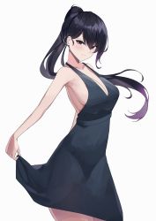 Rule 34 | 1girl, absurdres, bare arms, bare shoulders, black dress, black hair, breasts, closed mouth, collarbone, commission, cowboy shot, dress, from side, highres, large breasts, long hair, looking at viewer, maanu, original, pixiv commission, ponytail, purple eyes, simple background, skirt hold, smile, solo, white background