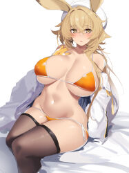 Rule 34 | 1girl, alternate breast size, animal ears, arknights, bed sheet, bikini, blonde hair, breasts, brown thighhighs, cleavage, dorothy (arknights), gloves, hat, highres, kuronyan, large breasts, long hair, long sleeves, looking at viewer, mouse ears, navel, orange bikini, parted lips, sitting, smile, solo, stomach, swimsuit, thighhighs, very long hair, white hat, yellow eyes, yellow gloves