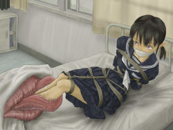 Rule 34 | 1girl, bdsm, bed, black hair, bondage, bound, cloth gag, gag, gagged, guro, improvised gag, over the mouth gag, rope, school, school uniform, serafuku, shibari, shibari over clothes, short twintails, solo, tentacles, tongue, twintails, vore, what