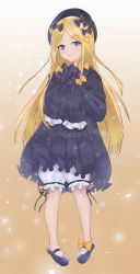 Rule 34 | 1girl, abigail williams (fate), absurdres, ankle bow, ankle ribbon, black bow, black dress, black hat, blonde hair, bloomers, blue eyes, blush, bow, closed mouth, dress, fate/grand order, fate (series), forehead, full body, gradient background, hair bow, hat, highres, leg ribbon, legs, long hair, looking at viewer, mangchi (leeing0517), orange bow, parted bangs, polka dot, polka dot bow, ribbon, sleeves past fingers, sleeves past wrists, slippers, smile, solo, sparkle, underwear, white bloomers