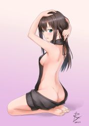 Rule 34 | 1girl, 2017, absurdres, ass, back, backless dress, backless outfit, bare arms, bare back, bare legs, bare shoulders, barefoot, black dress, black sweater, blush, breasts, brown hair, butt crack, dated, drawstring, dress, from behind, full body, gradient background, green eyes, hair between eyes, halterneck, hand in own hair, hand on own head, hands up, highres, idolmaster, idolmaster cinderella girls, jewelry, long hair, looking at viewer, looking back, medium breasts, meme attire, naked sweater, open mouth, ribbed sweater, rj xiii, seiza, shibuya rin, shoulder blades, sideboob, signature, sitting, small breasts, solo, sweater, sweater dress, toes, turtleneck, turtleneck sweater, virgin killer sweater