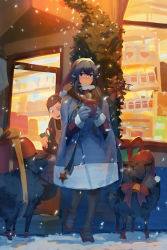 Rule 34 | 3girls, aircraft, airplane, animal, biplane, blue hair, building, christmas tree, commentary, cup, english commentary, fairy (kancolle), full body, gloves, goat, gotland (kancolle), hat, hawker osprey, highres, holding, holding cup, kantai collection, long hair, long sleeves, looking at viewer, mole, mole under eye, multiple girls, outdoors, red hat, robe, santa costume, santa hat, smile, walking, window, ye fan