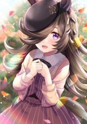 Rule 34 | 1girl, animal ears, black skirt, blurry, blurry background, bow, bowtie, brown hair, cowboy shot, hands up, hat, horse ears, horse girl, horse tail, izumi akane, leaf, long hair, long sleeves, looking at viewer, open mouth, purple eyes, rice shower (umamusume), shirt, sidelocks, skirt, smile, solo, standing, striped clothes, striped shirt, swept bangs, tail, umamusume, wrist cuffs