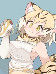 Rule 34 | 1girl, :t, animal ear fluff, animal ears, blonde hair, blue background, blush, bow, bowtie, breasts, brown hair, cat ears, cat girl, cat tail, closed mouth, commentary request, eating, elbow gloves, food, gloves, highres, japari bun, kemono friends, large breasts, multicolored hair, print bow, print bowtie, sand cat (kemono friends), shirt, short hair, sideboob, sleeveless, sleeveless shirt, solo, streaked hair, tail, upper body, white shirt, yayuyoyayuyo, yellow eyes