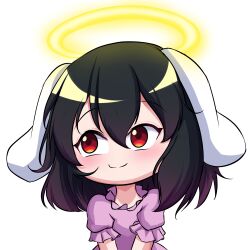 Rule 34 | 1girl, alpha transparency, black hair, bmkro, chibi, commentary request, dress, gradient hair, hair between eyes, halo, inaba tewi, lowres, multicolored hair, pink dress, puffy short sleeves, puffy sleeves, purple hair, red eyes, short sleeves, smile, solo, spanish commentary, touhou, transparent background, upper body