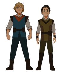 Rule 34 | 2boys, aged down, belt, black belt, black footwear, black hair, blonde hair, blue eyes, blue pants, blue vest, boots, brothers, brown pants, brown vest, child, clenched hands, closed mouth, collared shirt, commentary, english commentary, full body, green eyes, grey shirt, highres, keiid, loki (marvel), long sleeves, looking at viewer, male focus, marvel, marvel cinematic universe, multiple boys, pants, shirt, short hair, siblings, simple background, smile, standing, thor (marvel), v-shaped eyebrows, vest, white background