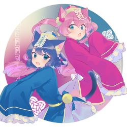 Rule 34 | 2girls, alternate costume, animal ears, black hair, blue eyes, blush, cat ears, cat girl, cat tail, chinese clothes, curly hair, cyan (show by rock!!), dress, fang, frilled sleeves, frills, hair ornament, hat, highres, kyuuri (miyako), long hair, long sleeves, looking at viewer, multiple girls, ofuda, open mouth, outside border, pink hair, rosia (show by rock!!), round image, show by rock!!, simple background, sleeves past fingers, sleeves past wrists, tail, twintails, very long hair