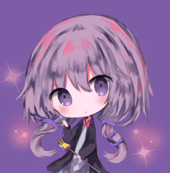 Rule 34 | 1girl, :o, bad id, bad pixiv id, black jacket, blue dress, blush, chibi, commentary request, cottontailtokki, criss-cross halter, dress, hair between eyes, hair ornament, halterneck, hand up, head tilt, holding, jacket, long hair, long sleeves, looking at viewer, low twintails, open clothes, open jacket, parted lips, purple background, purple eyes, purple hair, solo, sparkle, twintails, very long hair, voiceroid, yuzuki yukari, yuzuki yukari (lin)