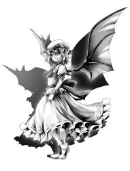 Rule 34 | 1girl, bad id, bad pixiv id, bat wings, dress, female focus, full body, greyscale, hat, monochrome, red eyes, remilia scarlet, shadow, simple background, solo, spot color, tatami (loop), touhou, wings, wrist cuffs