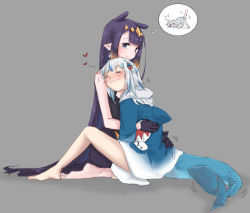 Rule 34 | 2girls, aoi (aoisaka), bare arms, bare legs, barefoot, black gloves, blue hair, blunt bangs, blush, closed eyes, commentary, english commentary, fins, fish tail, full body, gawr gura, gawr gura (1st costume), gloves, grey background, hair ornament, hairband, heart, hololive, hololive english, hood, hood down, hoodie, hug, imagining, long hair, long sleeves, multicolored hair, multiple girls, ninomae ina&#039;nis, ninomae ina&#039;nis (1st costume), pointy ears, pouch, purple eyes, purple hair, shark tail, simple background, sitting, sketch, smile, streaked hair, tail, two-tone hair, two side up, very long hair, virtual youtuber, wavy mouth, white hairband