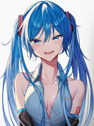 Rule 34 | 1girl, bare shoulders, bib (bibboss39), blue eyes, blue hair, breasts, cleavage, collarbone, commentary, grey background, hair between eyes, hatsune miku, highres, long hair, looking at viewer, medium breasts, open mouth, revision, simple background, smile, solo, twintails, upper body, vocaloid