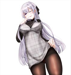 Rule 34 | 1girl, absurdres, ak-12 (girls&#039; frontline), black pantyhose, black ribbon, black shirt, blush, braid, breasts, closed mouth, dress, finger to mouth, french braid, from below, girls&#039; frontline, grey dress, hair ribbon, hand on own hip, highres, large breasts, lifting own clothes, lips, long hair, looking at viewer, one eye closed, panties, panties under pantyhose, pantyhose, peroronti, purple eyes, red panties, ribbon, shirt, silver hair, solo, standing, underwear, white background