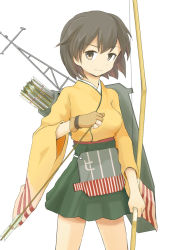 Rule 34 | 10s, 1girl, archery, arka, arrow (projectile), bad id, bad pixiv id, blush, bow (weapon), breasts, brown eyes, brown hair, flight deck, gloves, hiryuu (kancolle), japanese clothes, kantai collection, kyuudou, medium breasts, muneate, partially fingerless gloves, partly fingerless gloves, personification, quiver, short hair, side ponytail, single glove, skirt, smile, solo, weapon, yugake