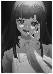 Rule 34 | 1girl, :d, absurdres, apron, bandaged arm, bandaged hand, bandages, blunt bangs, blush, border, collared shirt, danganronpa (series), danganronpa 2: goodbye despair, finger to mouth, greyscale, hand up, highres, long arms, long hair, looking at viewer, mole, mole under eye, monochrome, open mouth, shinaq, shirt, smile, solo, teeth, tsumiki mikan, upper body, upper teeth only, white border