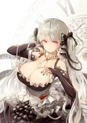 Rule 34 | 1girl, absurdres, azur lane, bad id, bad pixiv id, between breasts, black bow, black dress, black nails, black ribbon, blunt bangs, bow, breasts, cleavage, closed mouth, collarbone, commentary request, dampi, dress, earrings, eyelashes, fingernails, flight deck, formidable (azur lane), frilled dress, frills, grey hair, hair bow, hair ribbon, hand to head, hands up, highres, jewelry, large breasts, long hair, looking at viewer, nail polish, red eyes, ribbon, rigging, sidelocks, solo, twintails, two-tone dress, two-tone ribbon, very long hair, white dress, white ribbon