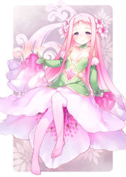 Rule 34 | 1girl, bare shoulders, breasts, commentary request, detached sleeves, flower, green shirt, hair flower, hair ornament, highres, kito (sorahate), long hair, no shoes, original, pantyhose, pink eyes, pink hair, pink skirt, shirt, skirt, sleeves past wrists, small breasts, solo, strapless, strapless shirt, very long hair, white pantyhose