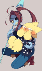Rule 34 | &gt;:), 2girls, alphys, ankle boots, antenna hair, blue dress, blue skin, blush, boots, brown background, carrying, carrying person, colored sclera, colored skin, commentary, covering face, denim, dress, eyepatch, fewer digits, fins, fish girl, from side, full-face blush, full body, furry, furry female, glasses, grin, hands on own face, head fins, highres, holding, holding polearm, holding weapon, jeans, knees up, long hair, multiple girls, nikorashi-ka, on one knee, one eye covered, pants, pink eyes, polearm, polka dot, polka dot dress, ponytail, red footwear, red hair, reptile girl, sharp teeth, shy, simple background, sketch, slit pupils, smile, spear, swept bangs, teeth, undertale, undyne, v-shaped eyebrows, weapon, yellow sclera, yellow skin, yuri