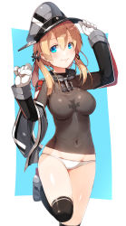 Rule 34 | 10s, 1girl, anchor, anchor hair ornament, black legwear, blonde hair, blue eyes, breasts, check commentary, collar, commentary request, cross, eyebrows, gloves, hair between eyes, hair ornament, hat, highres, impossible clothes, iron cross, kantai collection, leg up, long sleeves, looking at viewer, meth (emethmeth), navel, panties, peaked cap, prinz eugen (kancolle), rudder footwear, shiny skin, simple background, smile, solo, standing, standing on one leg, twintails, underwear, white gloves, white panties