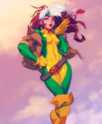Rule 34 | 1girl, belt, blowing kiss, bodysuit, breasts, brown hair, covered navel, freckles, gloves, green eyes, hand on own hip, highres, jacket, lipstick, long hair, makeup, marvel, medium breasts, multicolored hair, one eye closed, red lips, robaato, rogue (x-men), signature, solo, two-tone hair, white hair, x-men, yellow gloves
