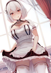 Rule 34 | 1girl, :q, absurdres, apron, azur lane, black skirt, blush, bob cut, breasts, cleavage, clothes lift, cowboy shot, curtains, day, dress, dress lift, hair between eyes, hairband, highres, indoors, kazuha (saku kn), lace-trimmed hairband, lace trim, large breasts, licking lips, lifted by self, looking at viewer, panties, petticoat, puffy sleeves, red eyes, shirt, short hair, short sleeves, sidelocks, sirius (azur lane), skirt, skirt lift, solo, thighhighs, tongue, tongue out, underwear, waist apron, white apron, white hair, white panties, white shirt, white thighhighs, window